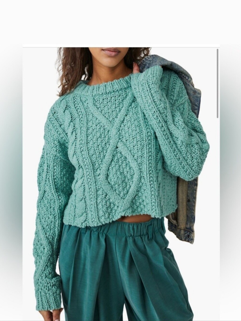 Free People Chunky Cable Knit Scoop Neck Sweater in Teal